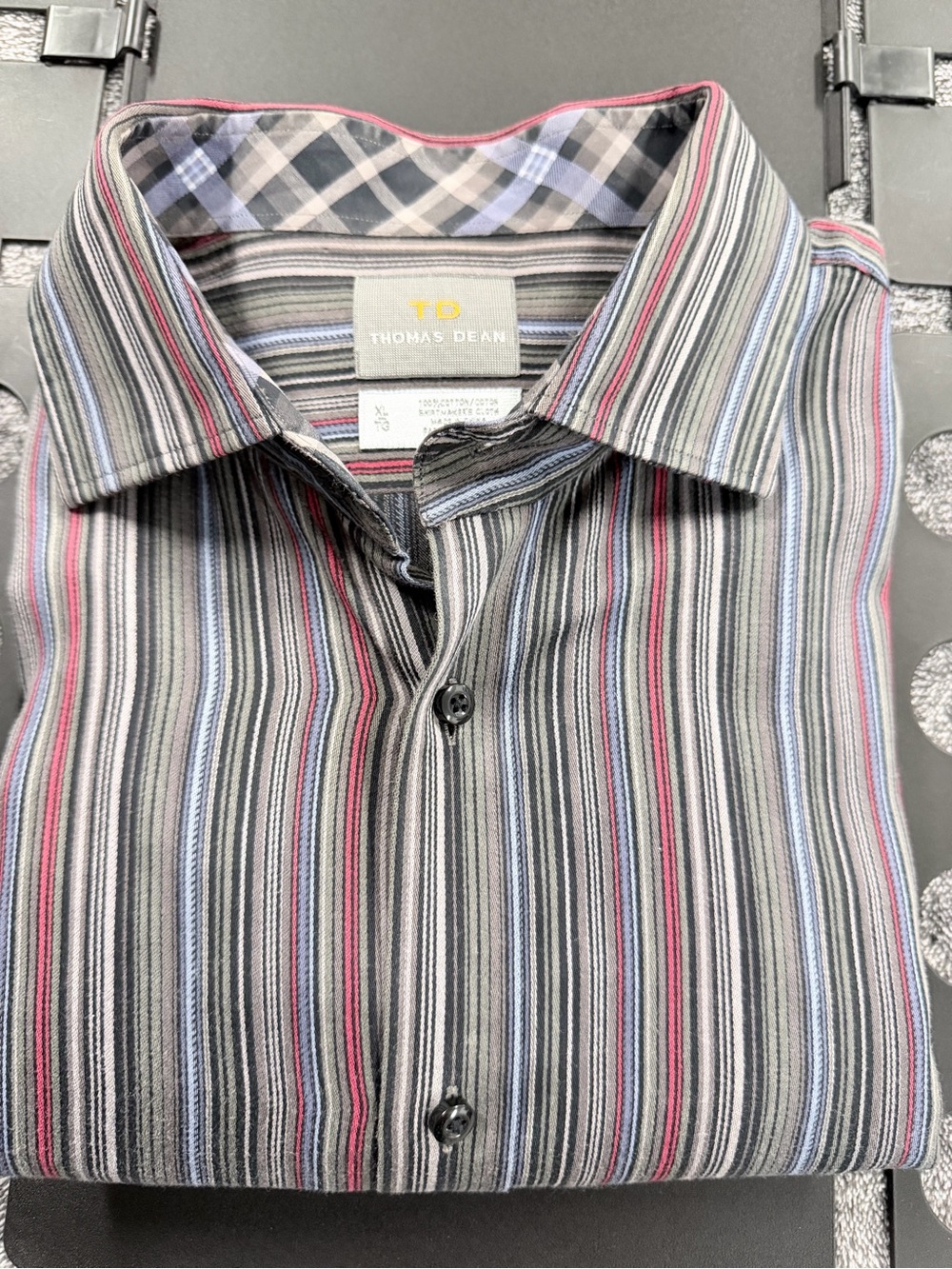 SKU 1318 Thomas Dean Striped Button-Down Shirt in Gray with Blue & Pink Accents